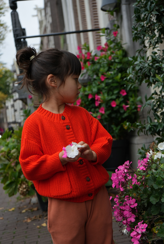 Child in red cotton sweater holding a flower, standing in front of pink flowers and a building.